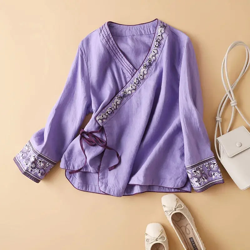 Embroidered Trim V-Neck Long Sleeve Wrap Blouse 5