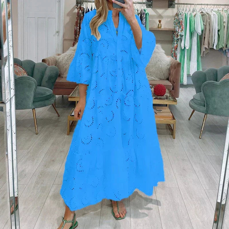 Lace Eyelet Bell Sleeve Button Front Tiered Ruffle Maxi Dress - View 7
