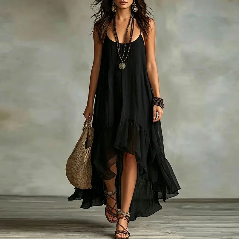 Chiffon Spaghetti Strap Ruffle High Low Maxi Dress Summer 6