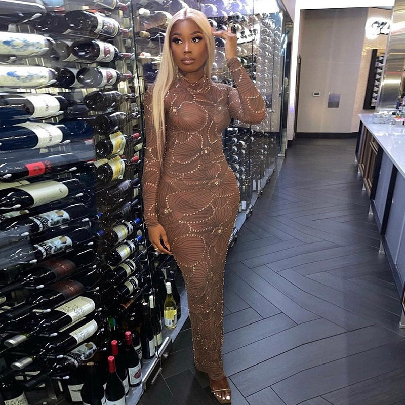 Crew Neck Long Sleeve Rhinestone Mesh Bodycon Maxi Dress 16