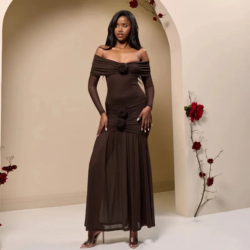 Off Shoulder Long Sleeve Rosette Mermaid Gown - View 10