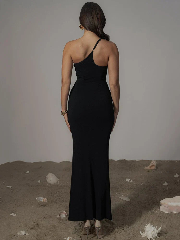 Black Mesh Patchwork One Shoulder Maxi Dress - View 4