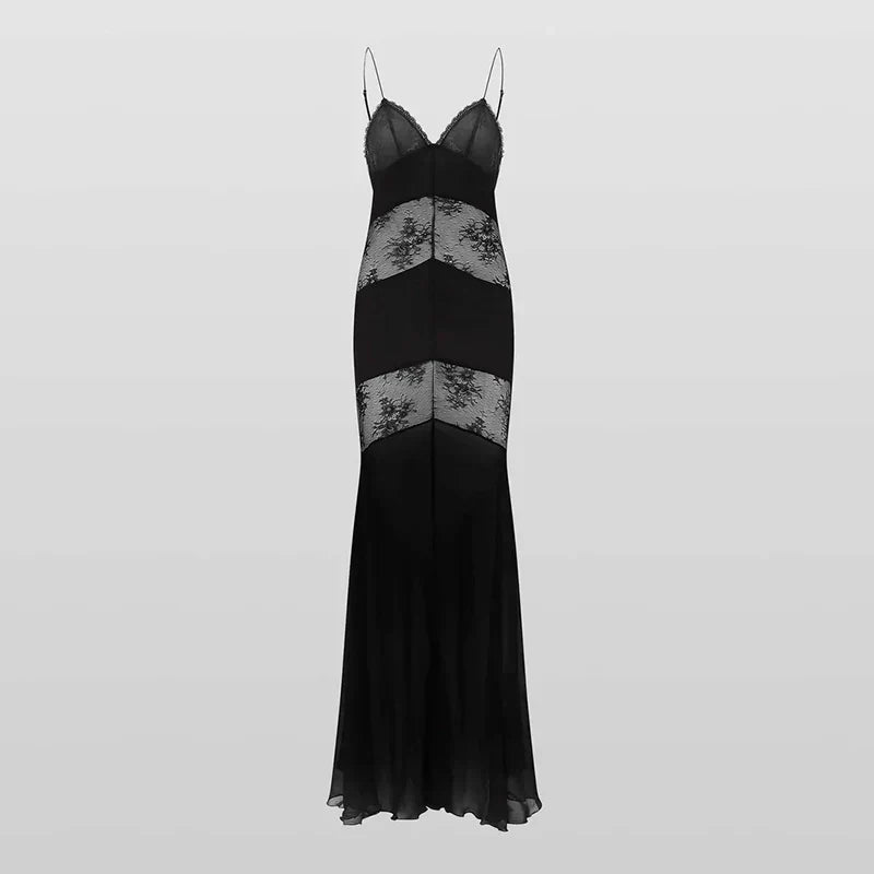 Halter Deep V-Neck Lace Panel Sheer Insert Sleeveless Maxi Gown - View 19
