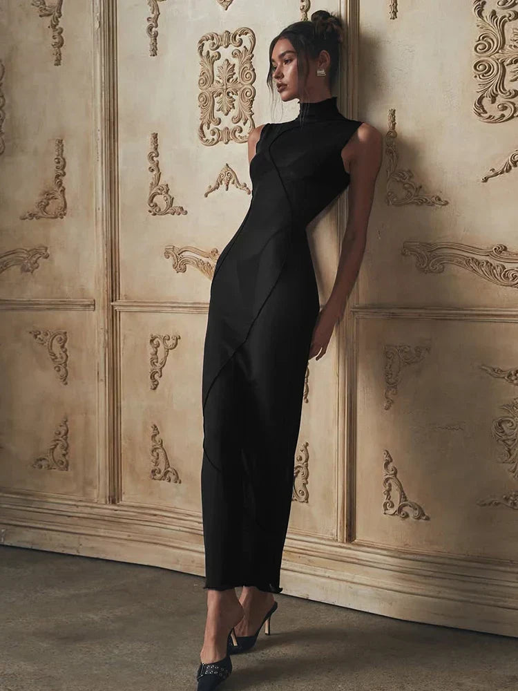 Sheer Mesh Mock Neck Sleeveless Column Maxi Dress - View 6