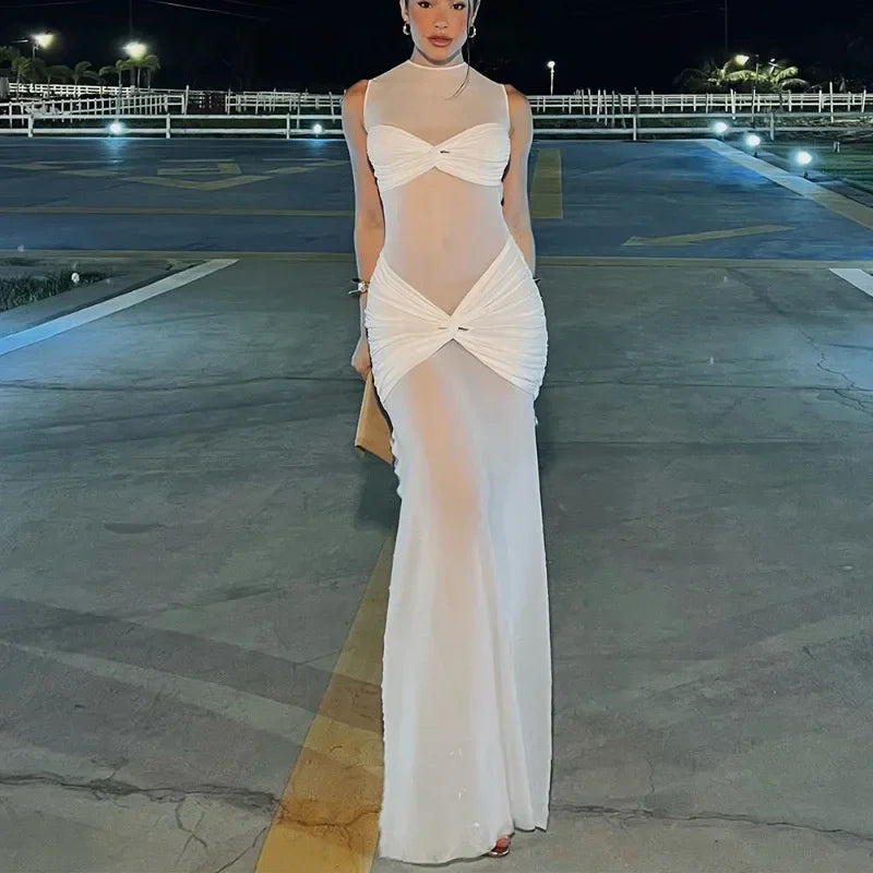 Mesh Mock Neck Sleeveless Knotted Bandeau Ruched Waist Maxi Dress - View 2