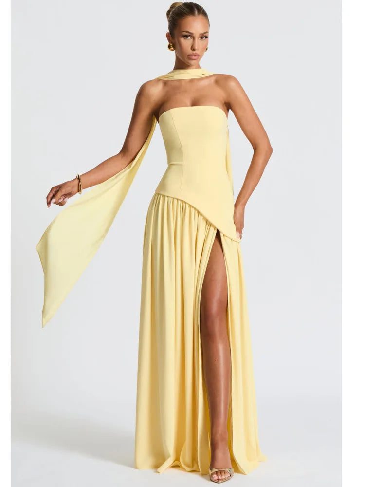 Strapless Scarf Neck High Split Satin Maxi Dress - View 4