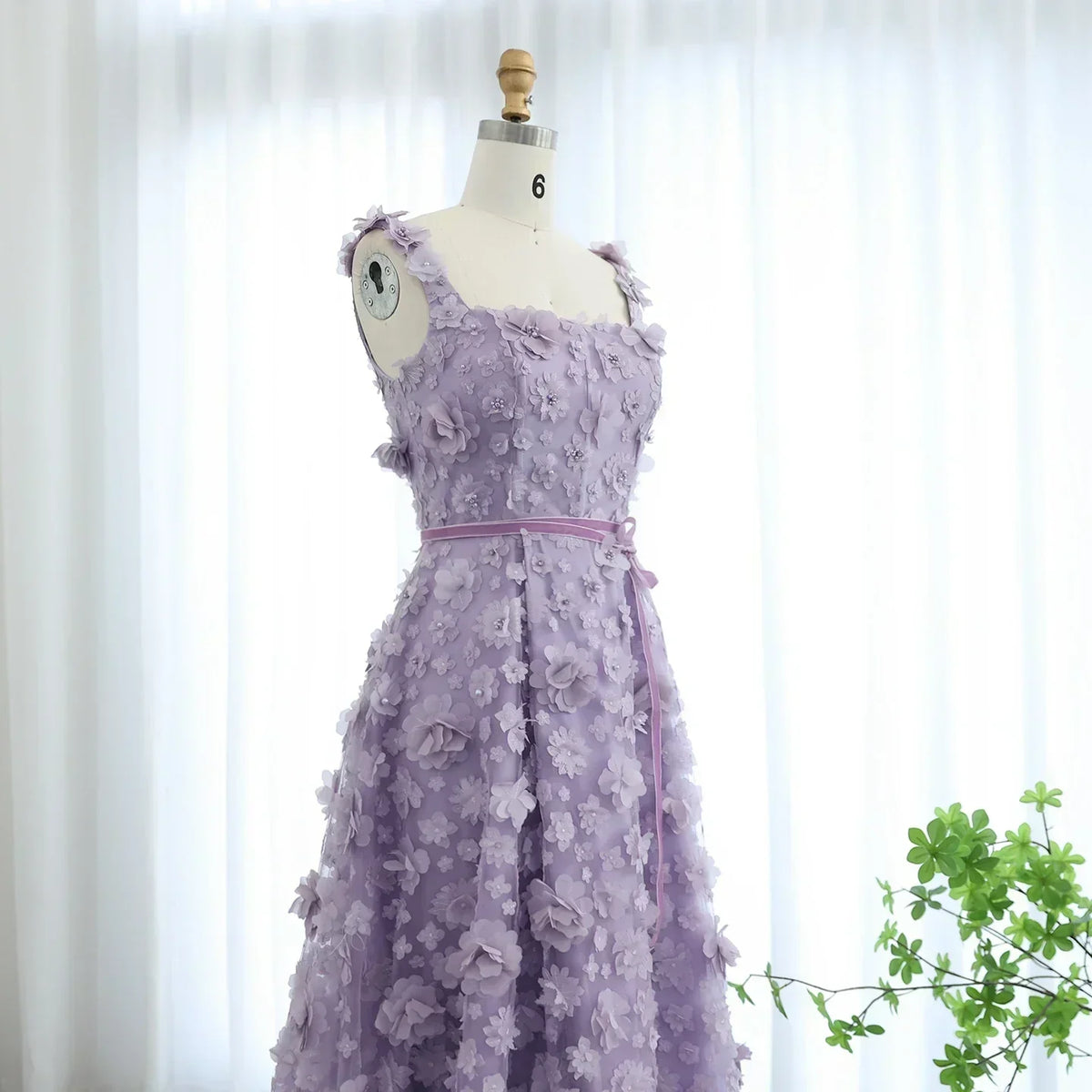 3D Floral Applique Square Neck High Split Tulle A-Line Gown - View 6
