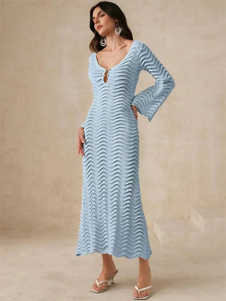 Open Knit Bell Sleeve Keyhole Metal Bar Back Tie Maxi Dress - View 16