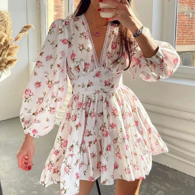 V-Neck Lace Edge Floral Midi Dress - View 3