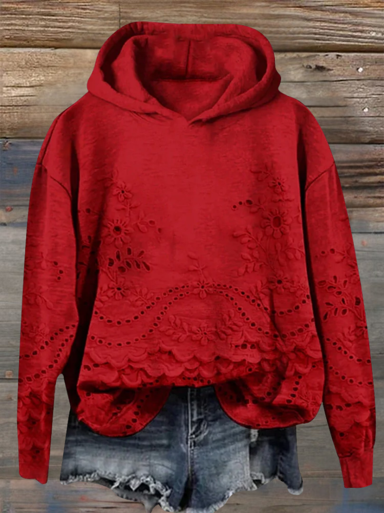 Floral Eyelet Embroidered Scalloped Hem Hoodie Sweatshirt 7