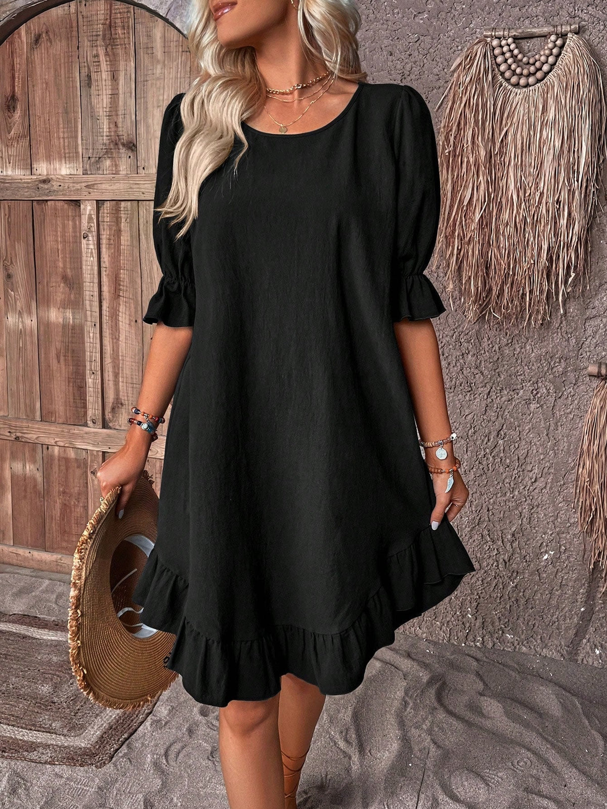 Round Neck Puff Sleeve Ruffle Hem Shift Dress 5