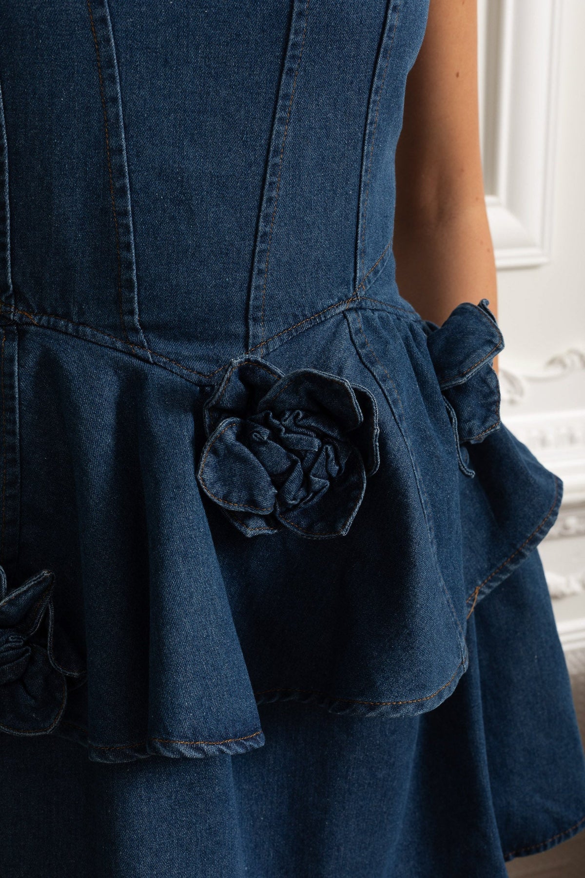 Peplum Denim Mini Dress with 3D Floral Accents - Blue - View 5