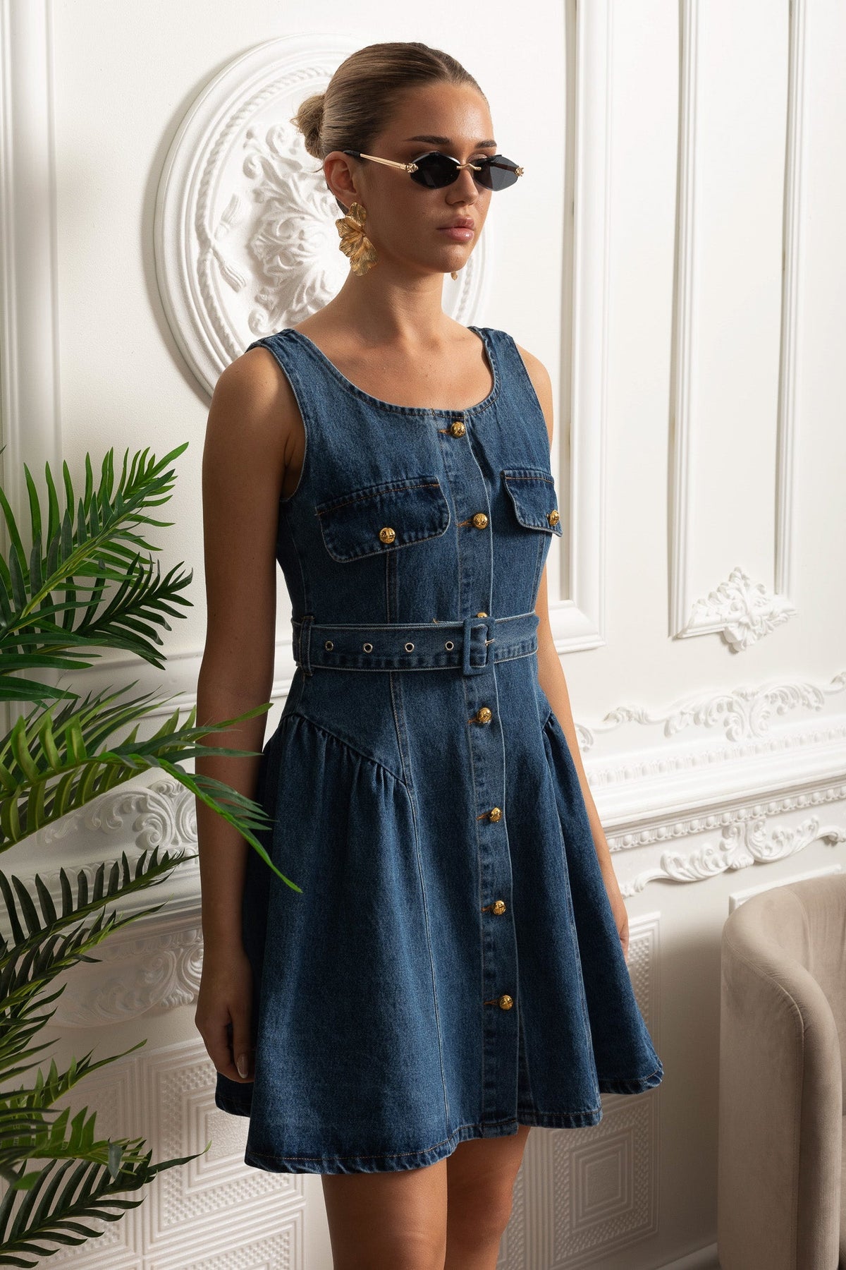 Denim Sleeveless Button Front Belted Flap Pocket Mini Dress - View 6