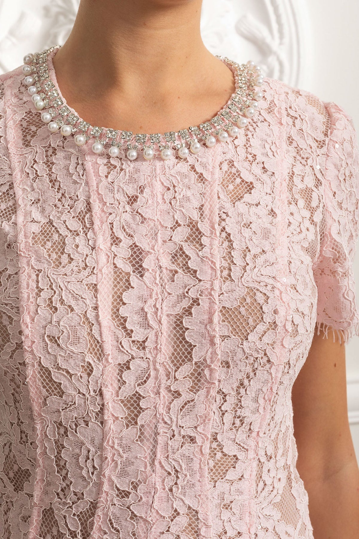 Lace Midi Dress with Crystal Embellished Collar - Pink - View 6
