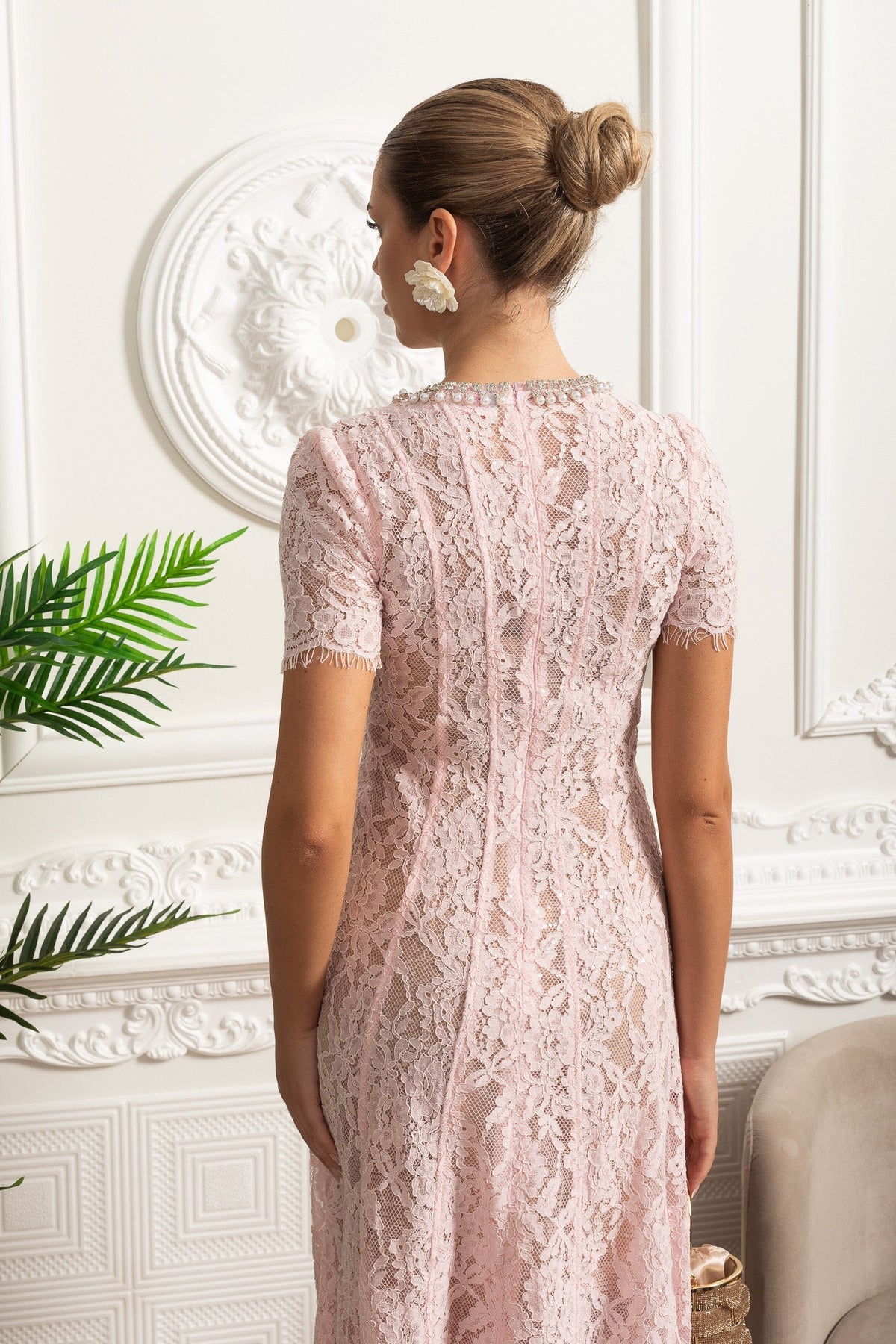 Lace Midi Dress with Crystal Embellished Collar - Pink - View 8