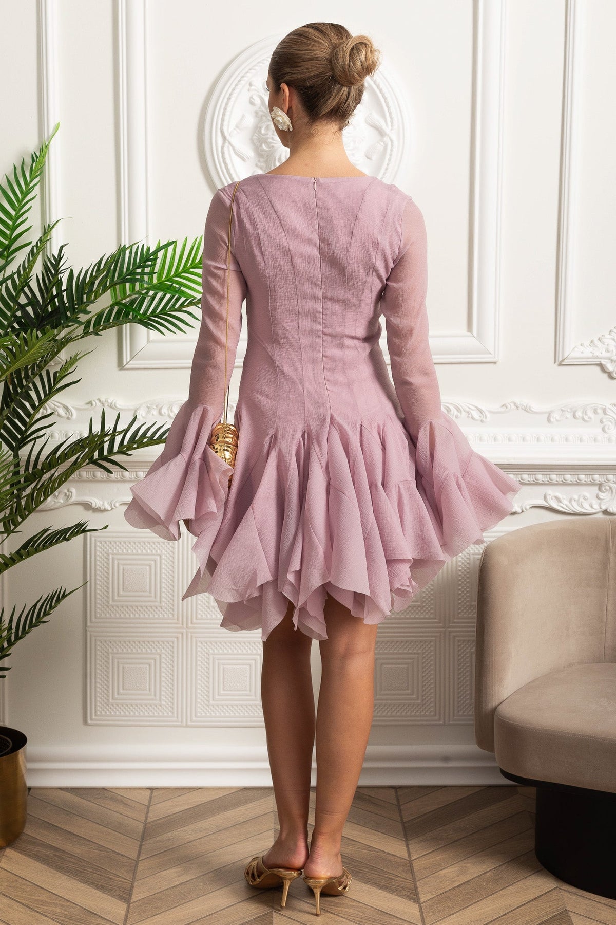 Sheer Sleeve Corset-Waist Ruffle Hem Mini Dress - Pink - View 5