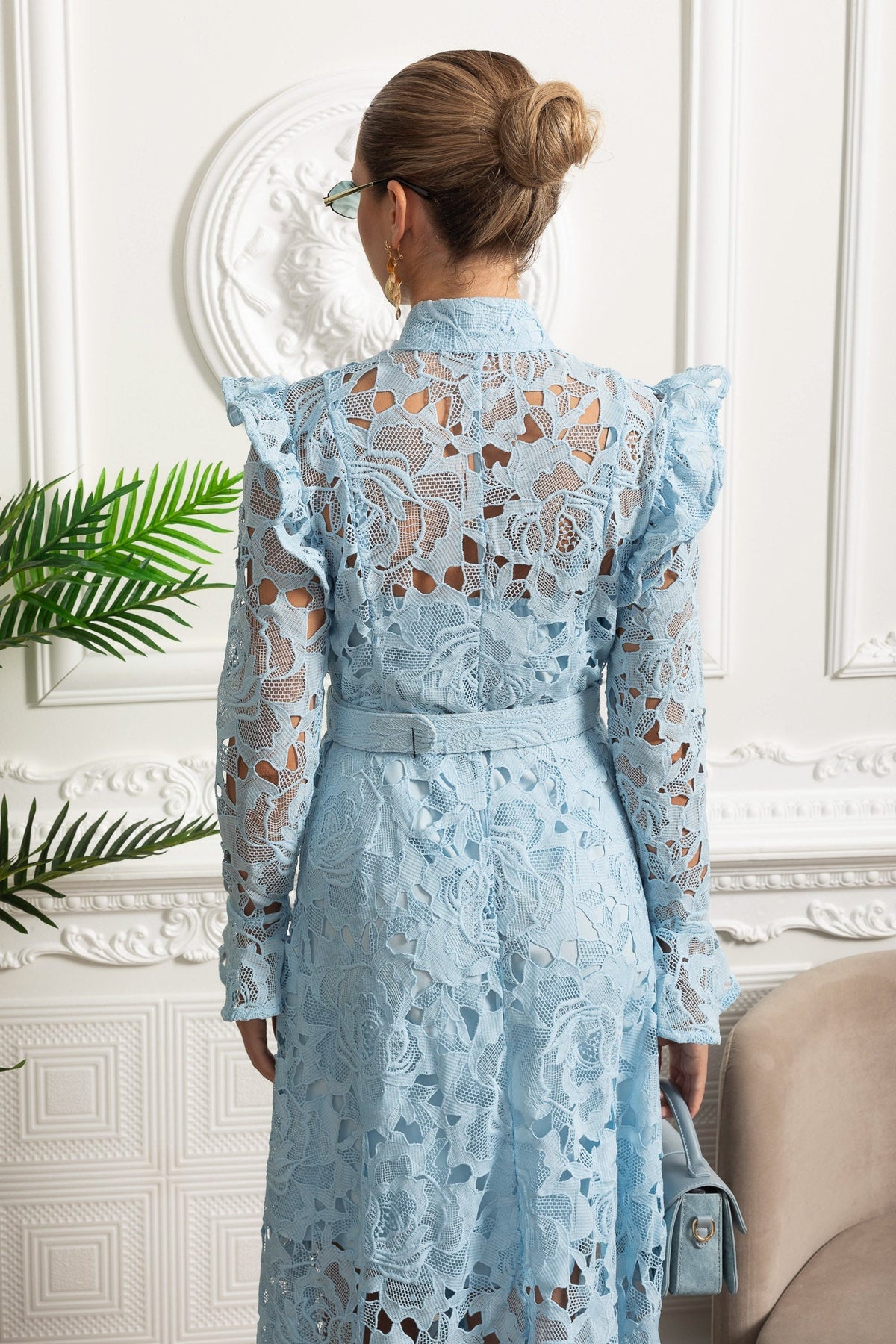 Lace Midi Dress with Ruffled Shoulders and Floral Detailing - Blue - View 9