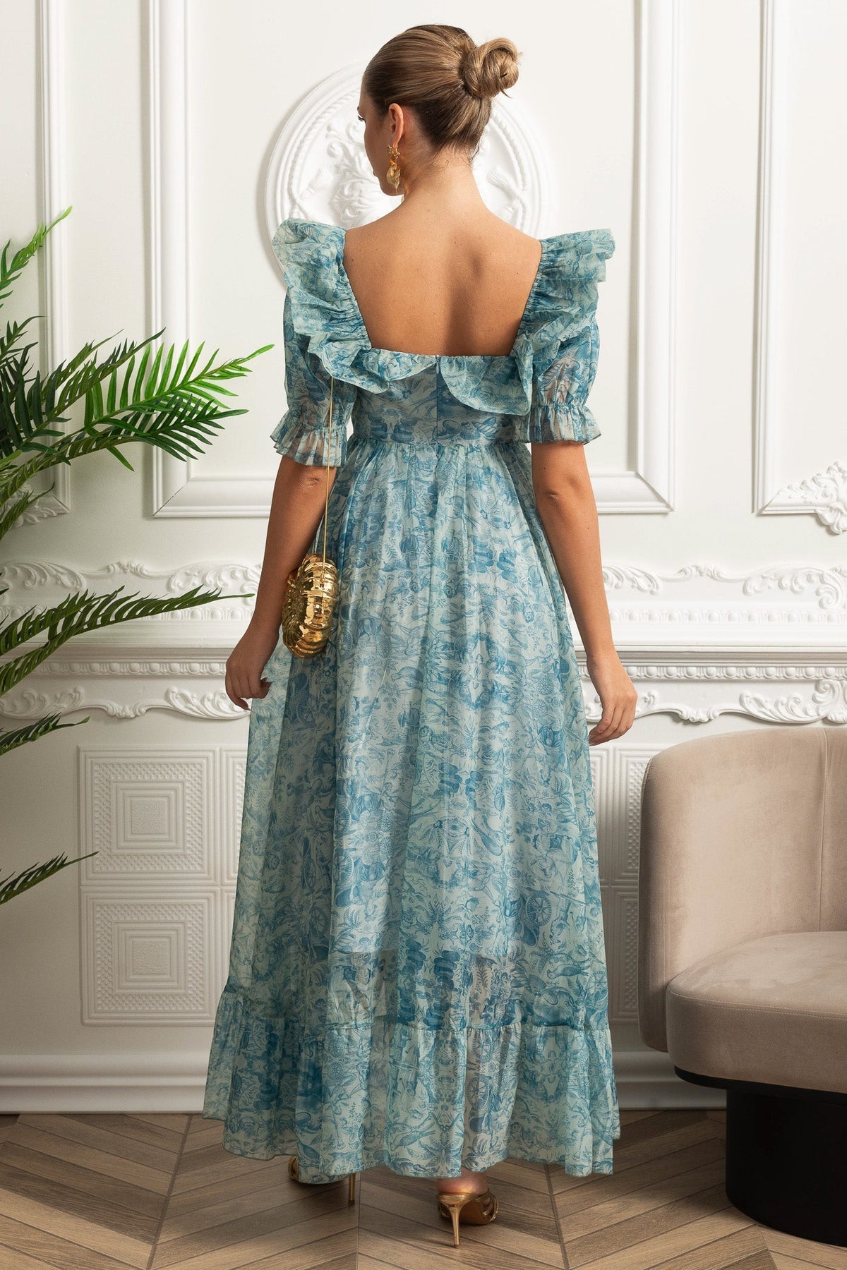 Toile Print Puff Sleeve Sweetheart Neck High Split Maxi Dress - View 10