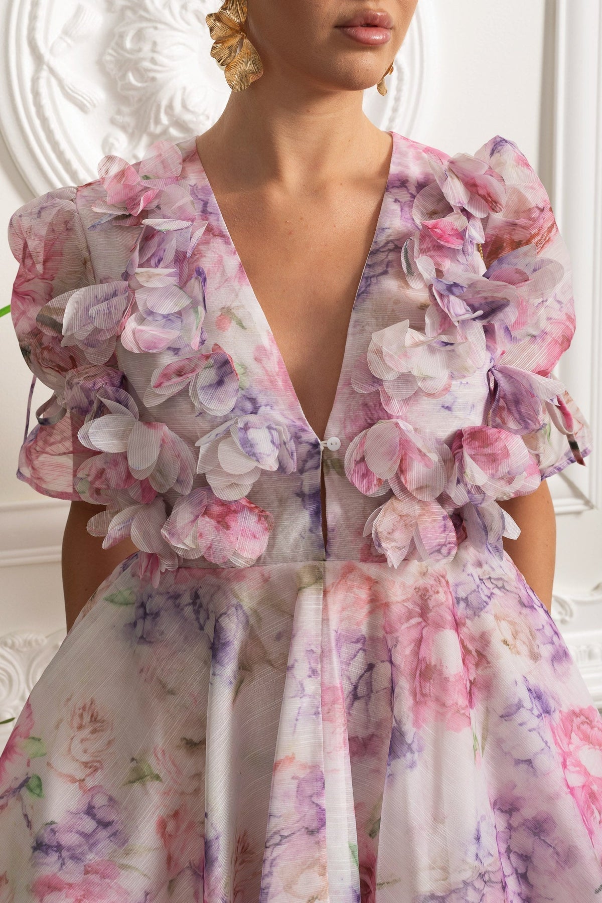 3D Floral Appliqué Puff Sleeve Mini Dress - Pink - View 5