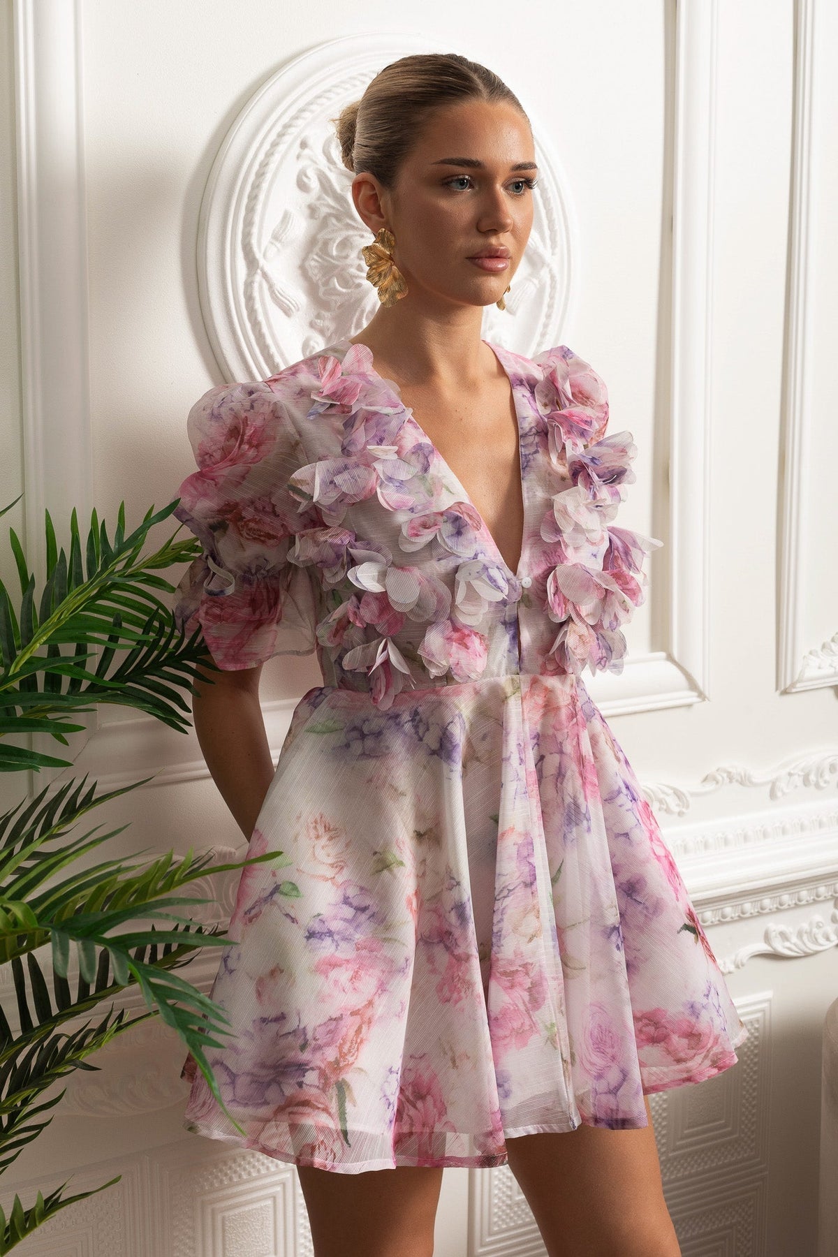 3D Floral Appliqué Puff Sleeve Mini Dress - Pink - View 7