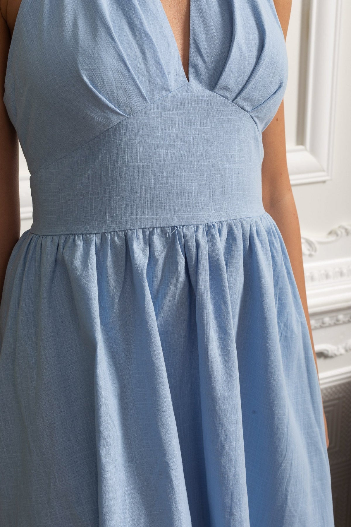 Halterneck Midi Dress With A-line Gathered Skirt - Blue - View 6
