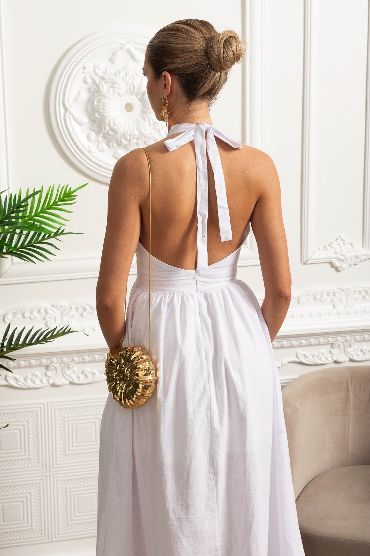 Halterneck Midi Dress With A-line Gathered Skirt - White - View 6