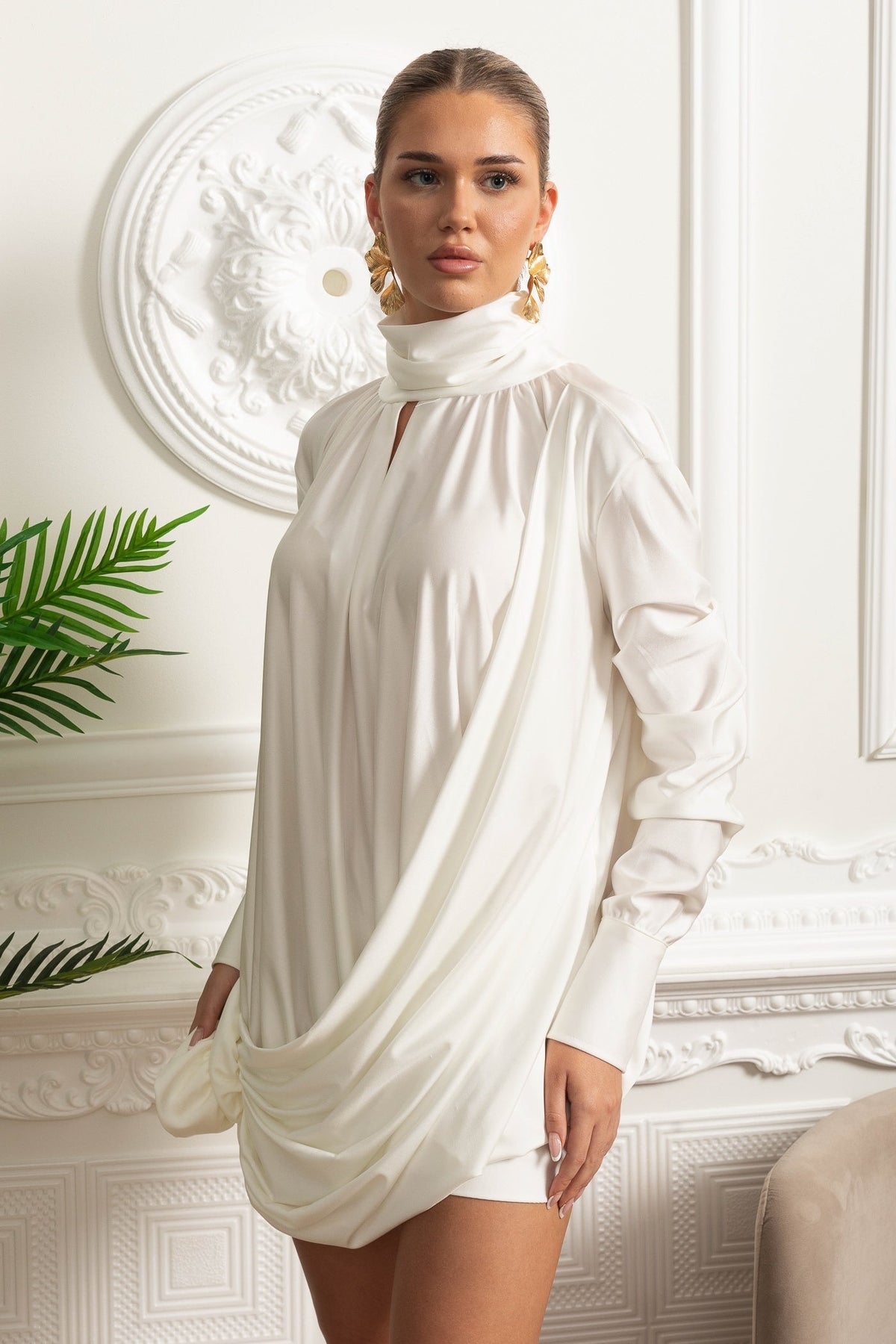 Turtleneck Keyhole Cut Out Long Sleeve Draped Bubble Mini Dress - View 13
