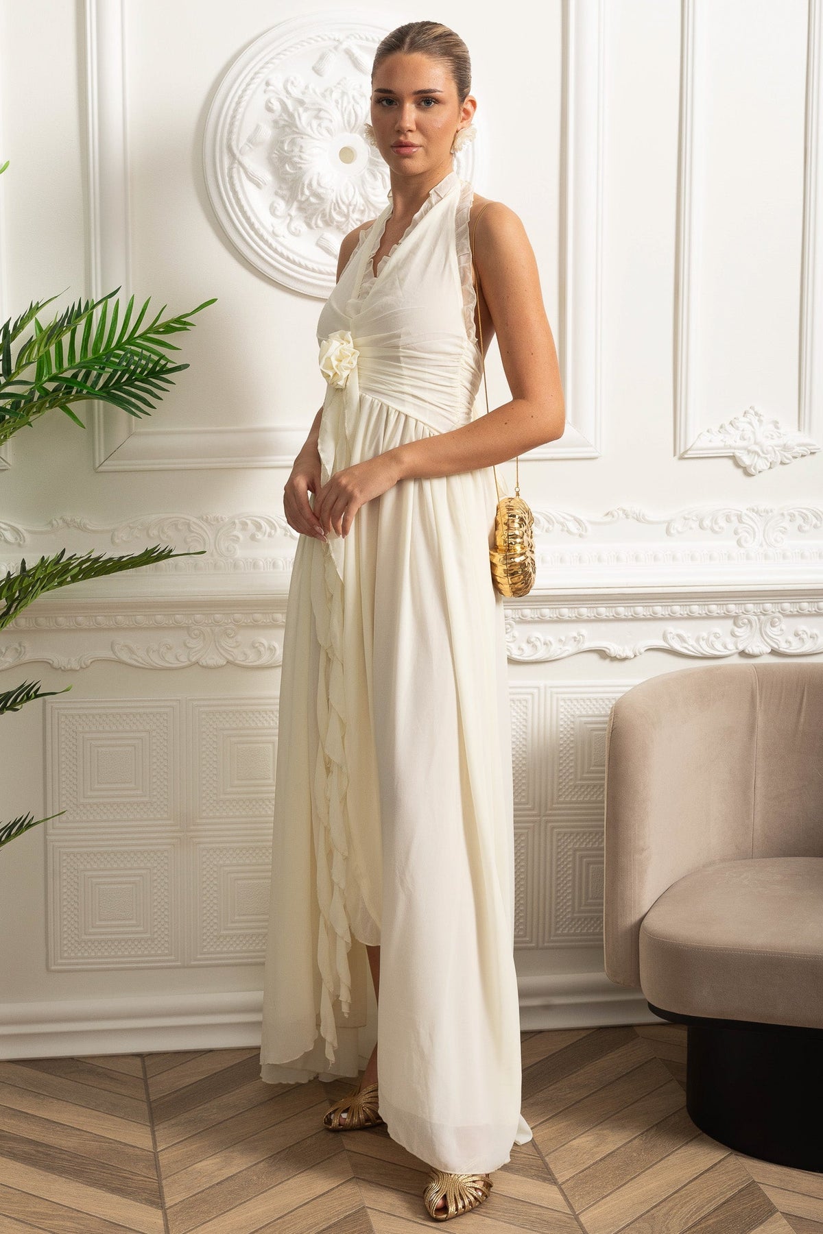 Ruffled Halter Maxi Dress with Rosette Tie Detail - Ivoire - View 6