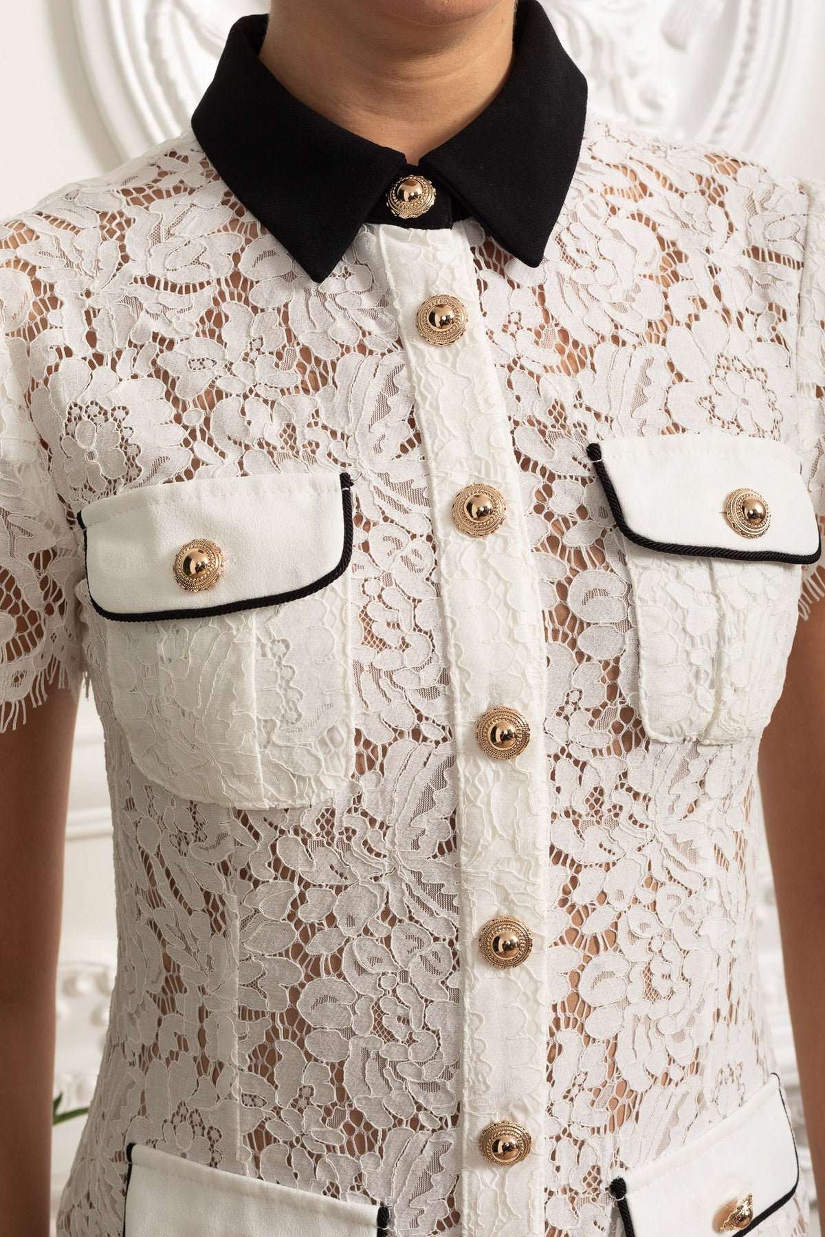 Lace Mini Dress with Contrast Black Collar and Pocket Details - White - View 6