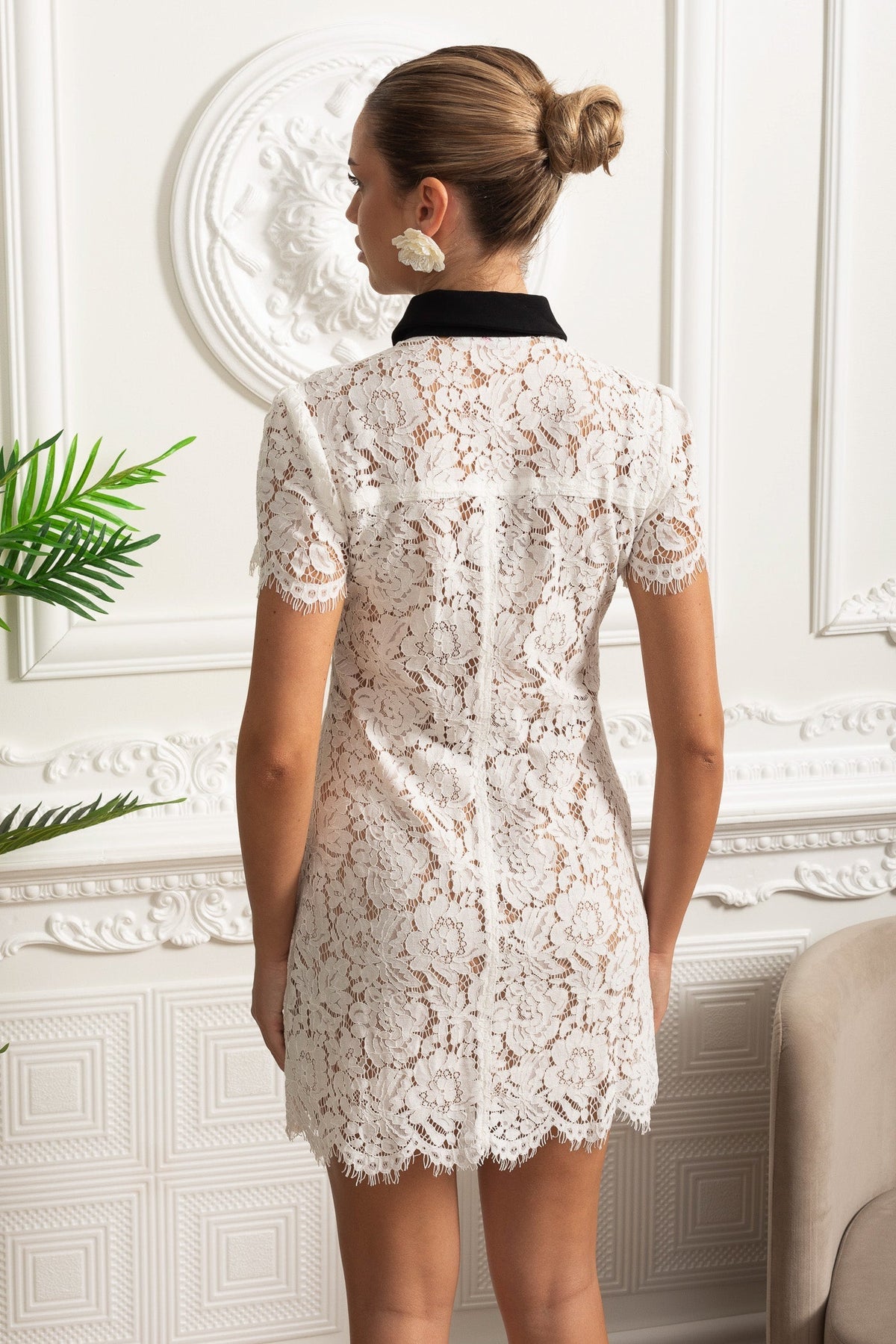 Lace Mini Dress with Contrast Black Collar and Pocket Details - White - View 8