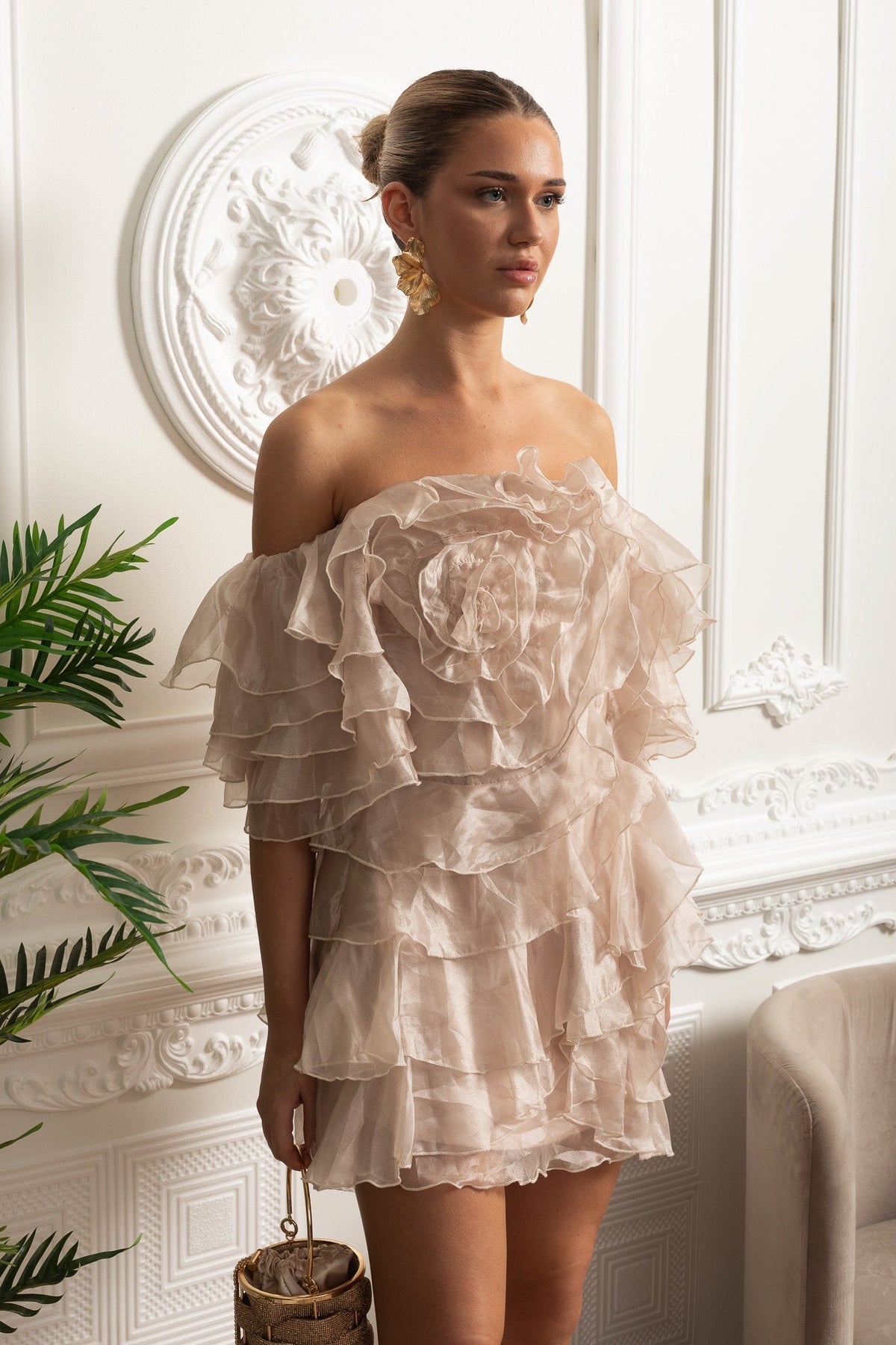 Organza Off-Shoulder Mini Dress With Ruffled Rosette Detail - Ivoire - View 3