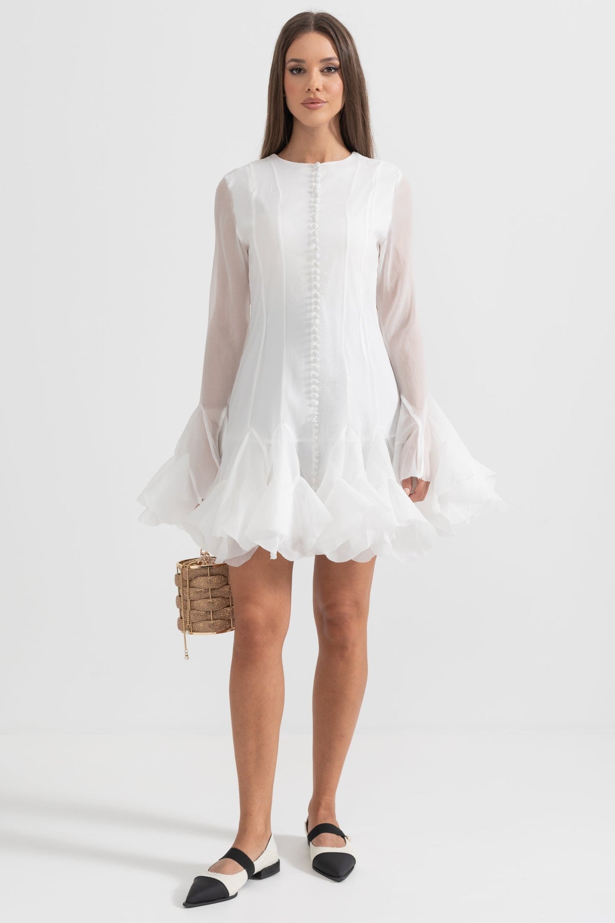 Long Sleeve Button Front Ruffle Cuff Tiered Flounce Mini Dress