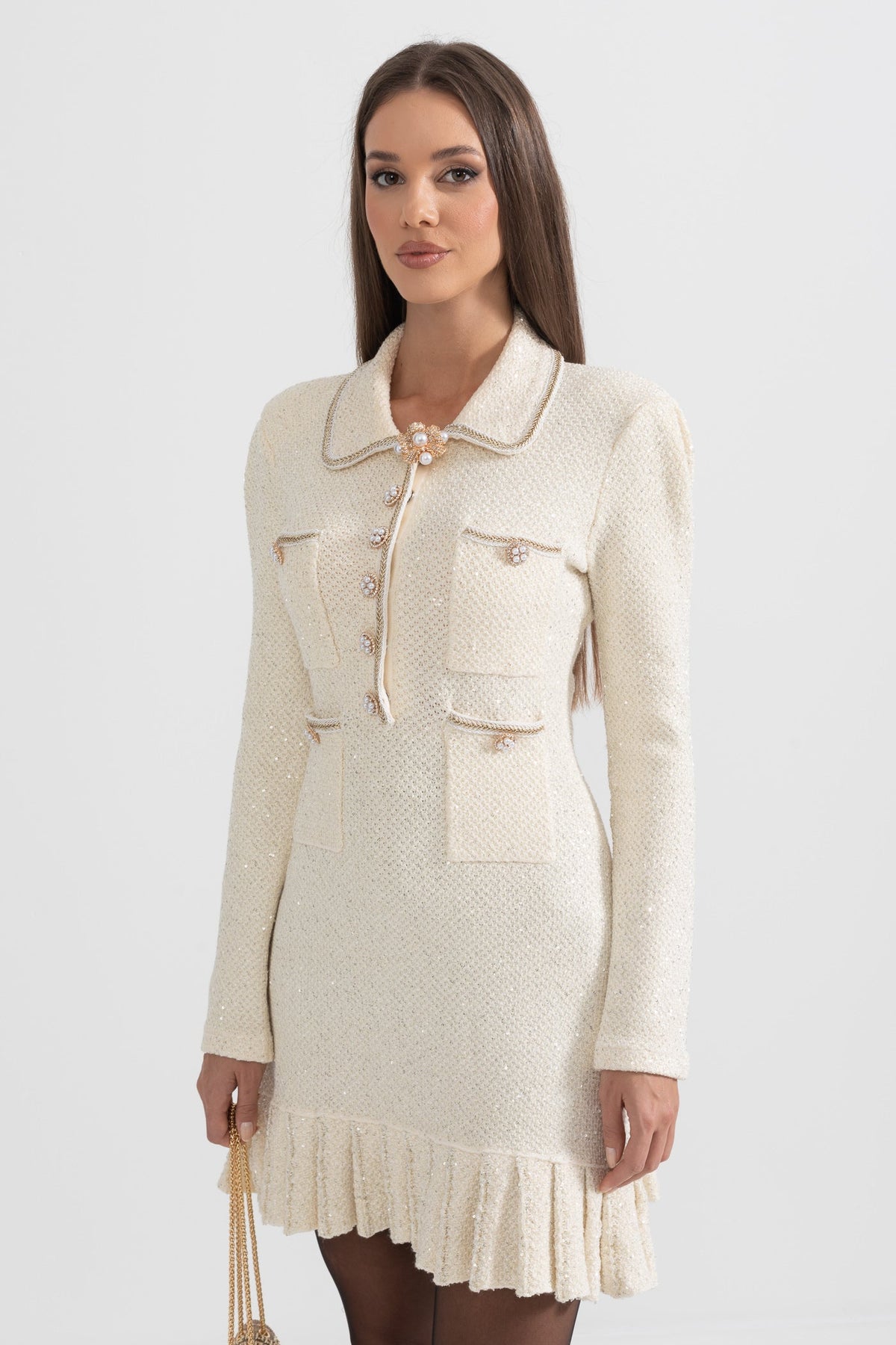 Tweed Pearl Collar Metallic Button Patch Pocket Ruffle Hem Long Sleeve Mini Dress - View 5