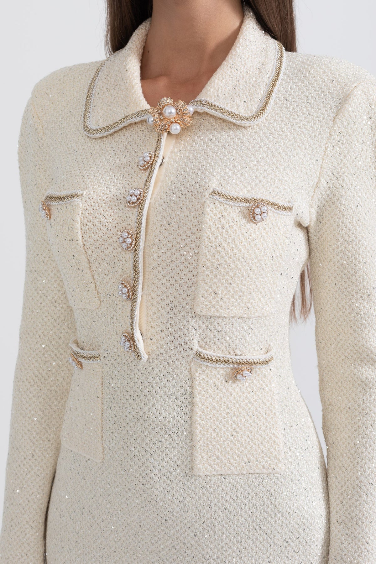 Tweed Pearl Collar Metallic Button Patch Pocket Ruffle Hem Long Sleeve Mini Dress - View 7