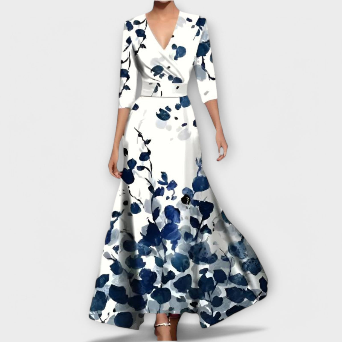 Deep V-Neck Wrap Bodice 3/4 Sleeve Belted A-Line Maxi Dress