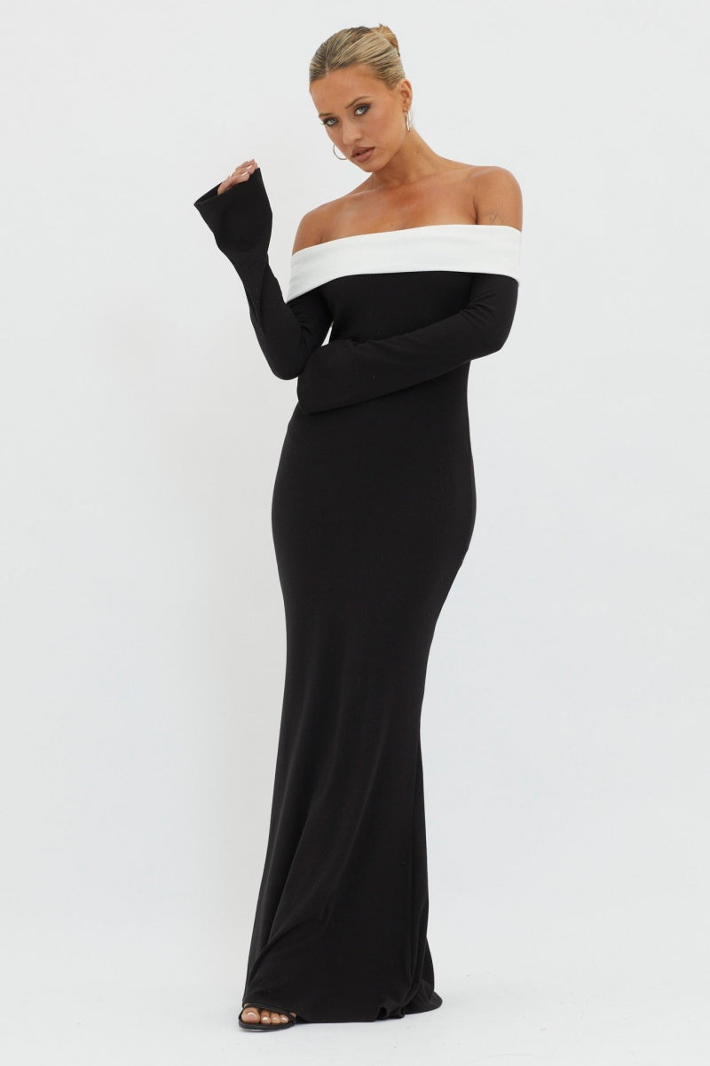 Nahir Minimalist Off the Shoulder Maxi Knit Dress Evening Wear Edit - View 2