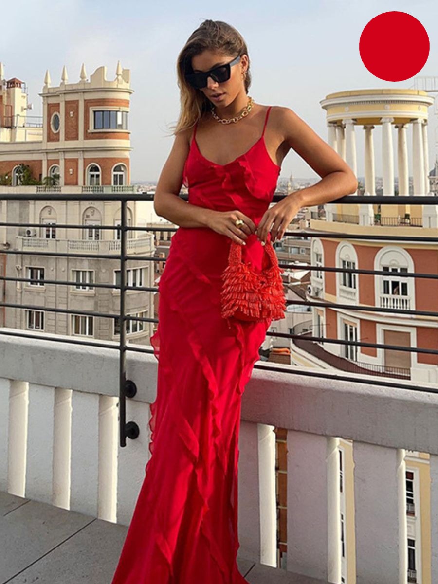 Spaghetti Strap V-Neck Cascade Ruffle Chiffon Maxi Dress - View 2