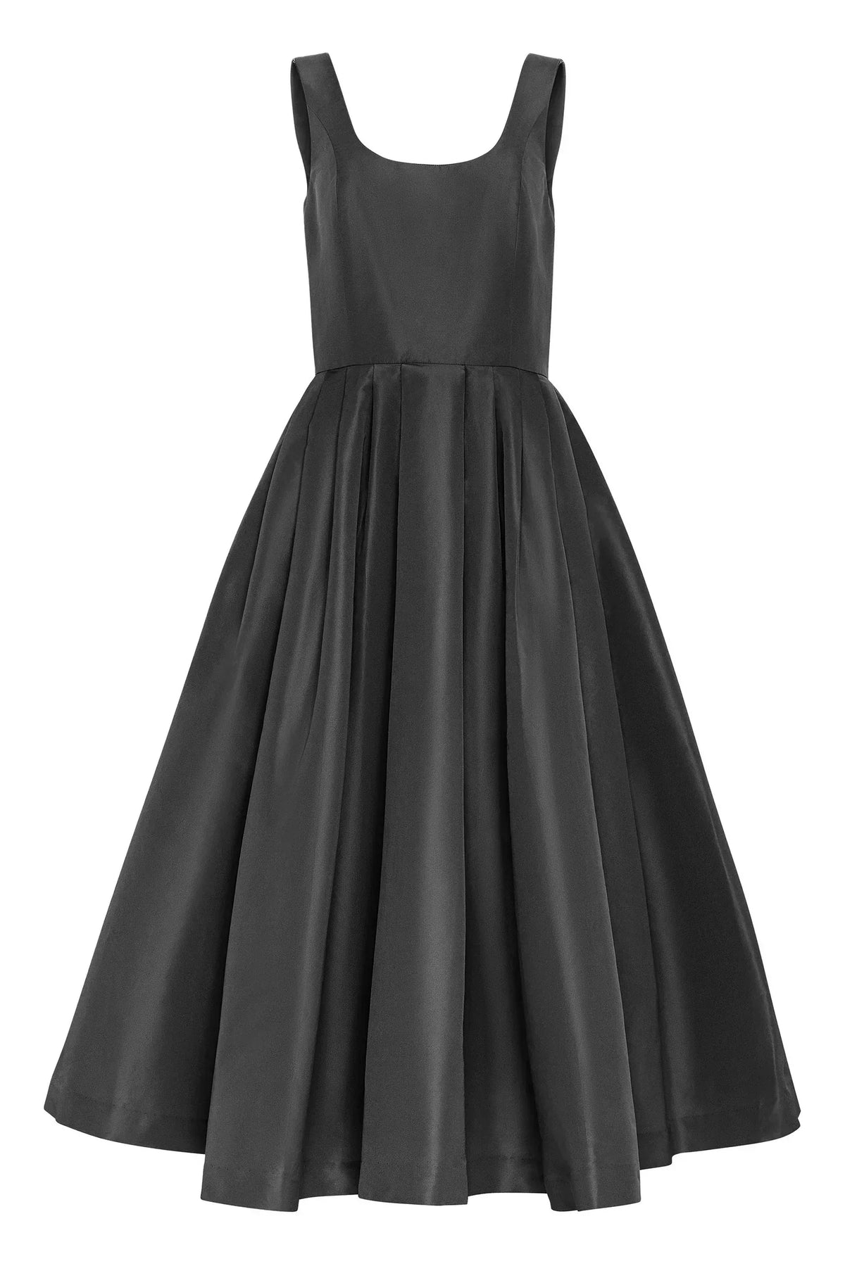 Satin Sleeveless Scoop Neck Box Pleat Pocket A-Line Midi Dress - View 5