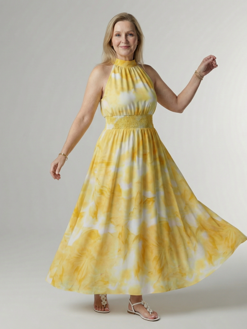 Tie Dye Halter Neck Smocked Waist Maxi Dress