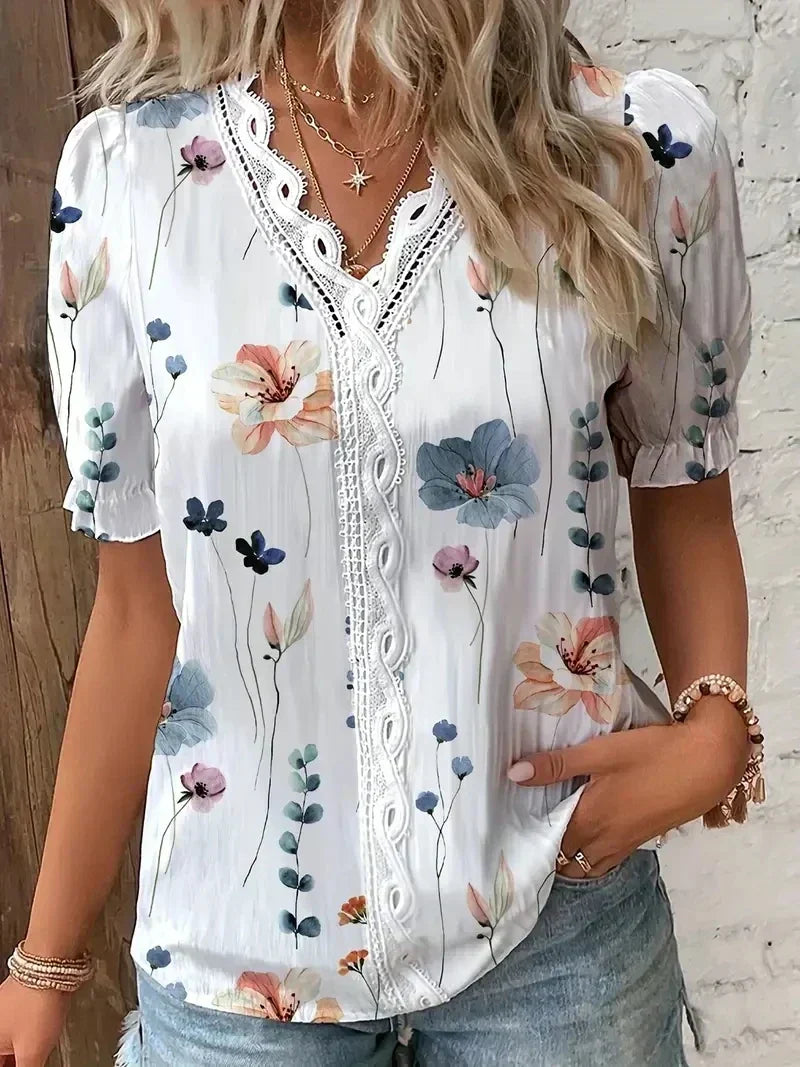 Leaf Print Lace Trim V-Neck Short Sleeve Blouse 3