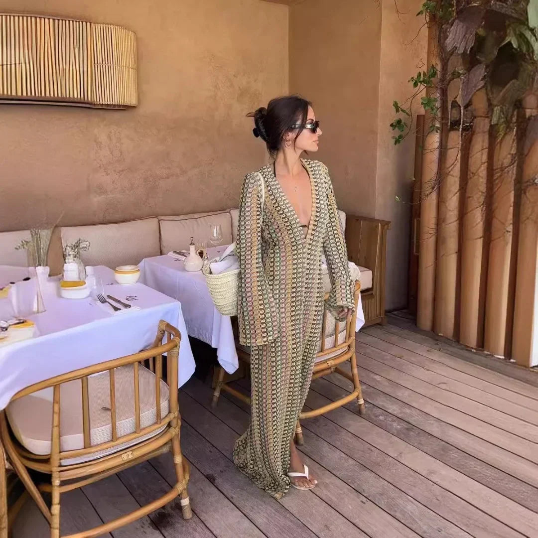 Crochet Deep V-Neck Bell Sleeve Scalloped Knit Maxi Dress - View 3
