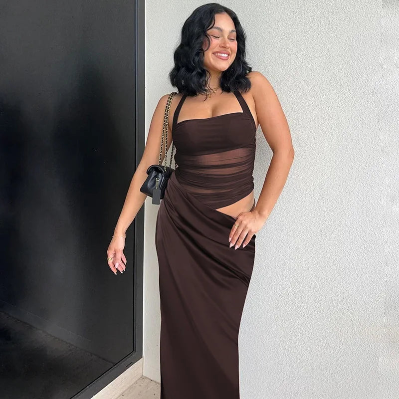 Mesh Halter Neck Backless Ruched Bodycon Maxi Dress 26