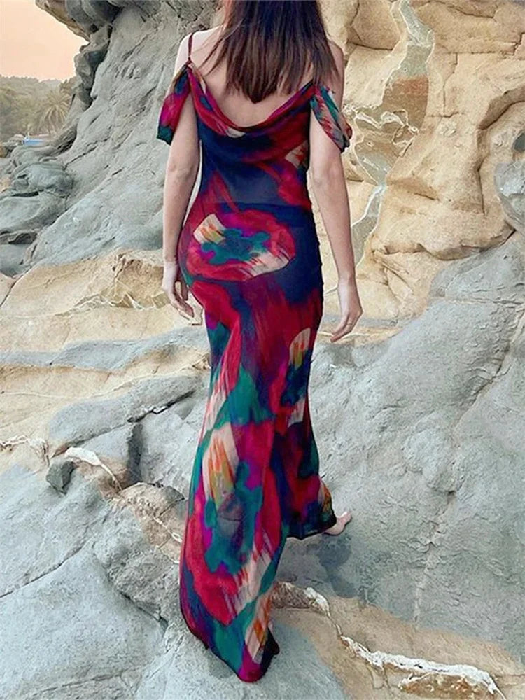 Print Mesh Pleated Off Shoulder Maxi Dress - View 5