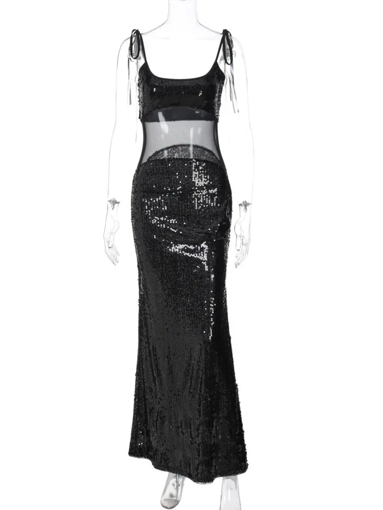 Sheer Mesh Spaghetti Strap Glitter Long Dress - View 15