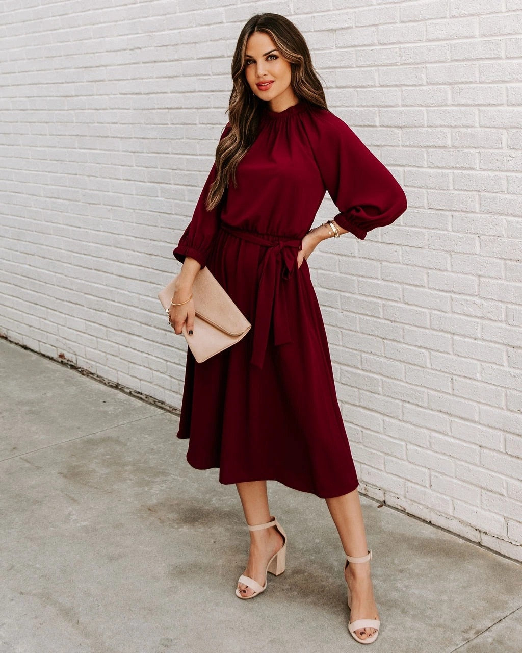 Mock Neck Long Sleeve Belted A-Line Midi Dress - View 18