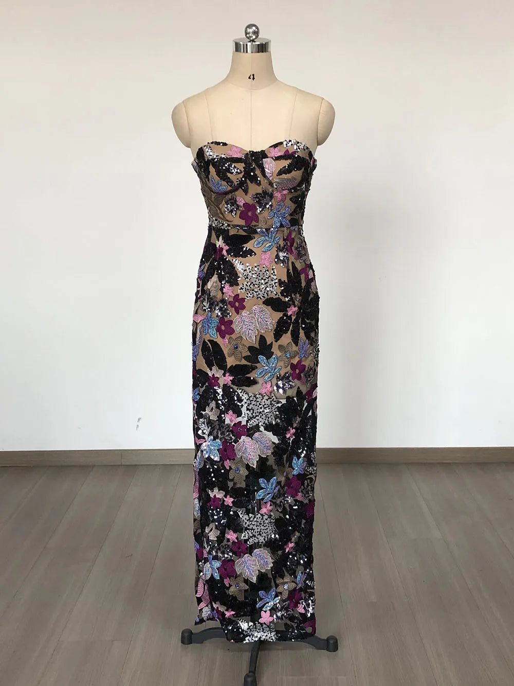 Sequin Floral Strapless Sweetheart Bodycon Maxi Dress - View 6