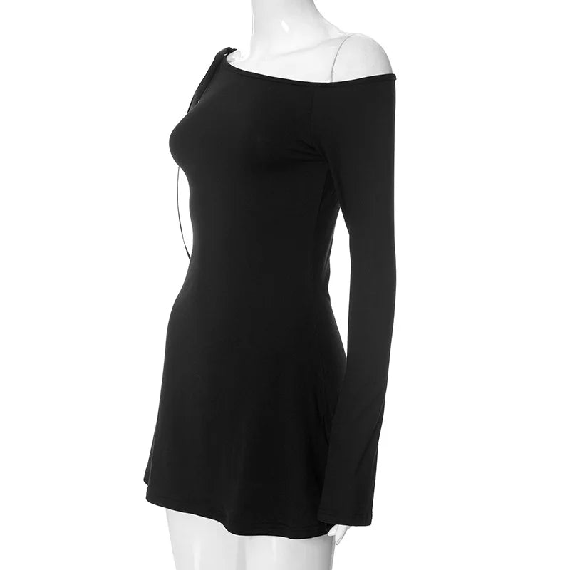Long Shoulder Tie Up Graceful Hollow Out Mini Dress