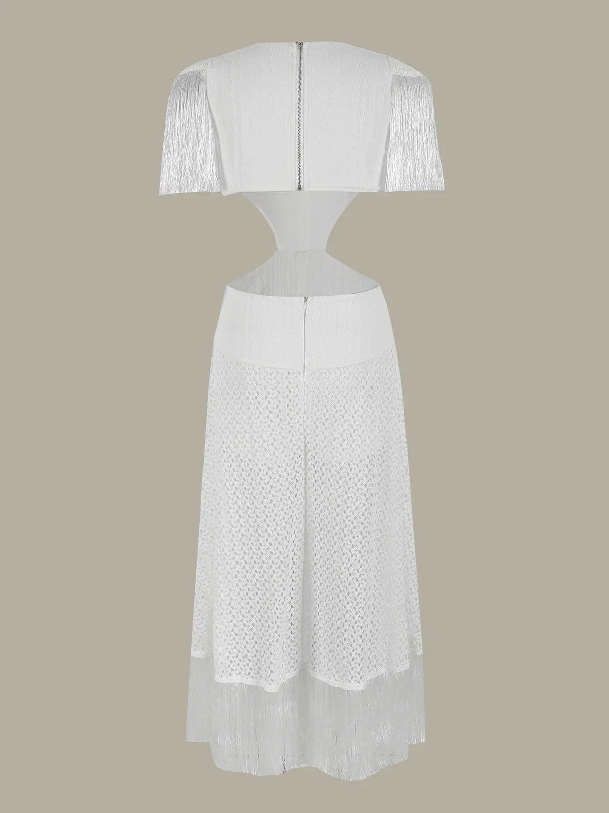 Crochet Knit Deep V-Neck Waist Cut Out Fringe High Split Maxi Dress - View 5