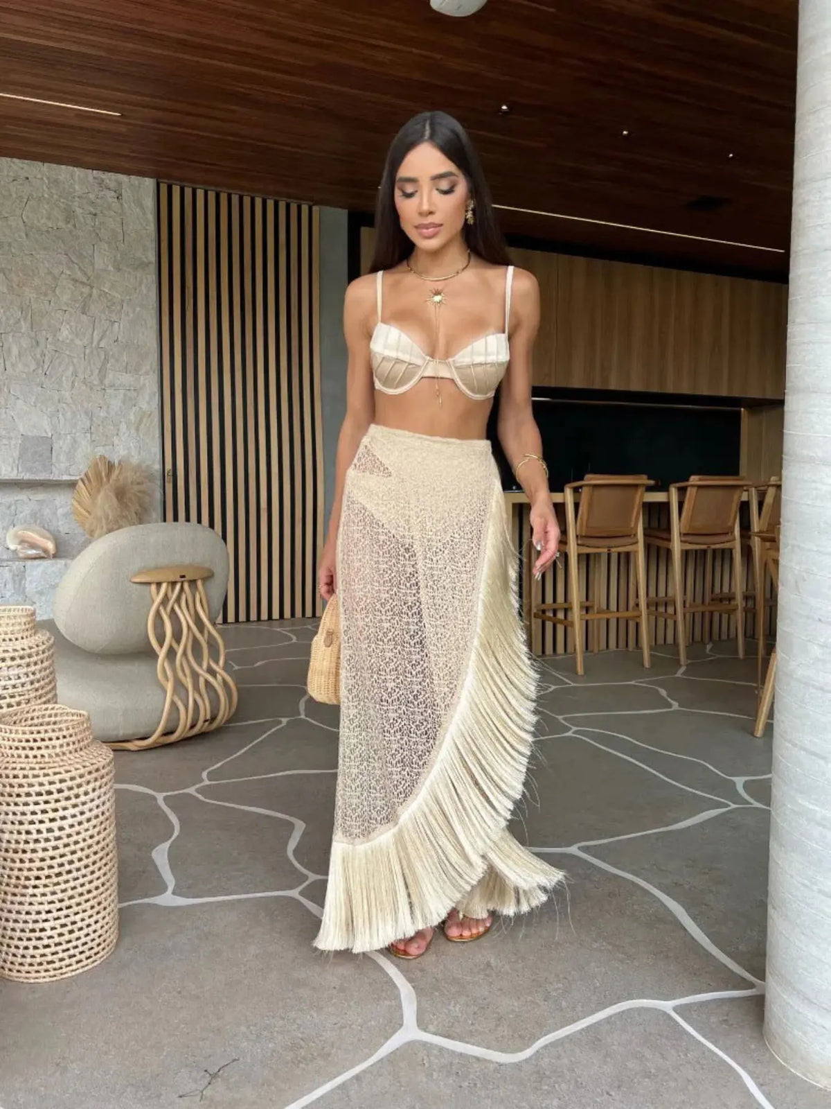Crochet Knit Deep V-Neck Waist Cut Out Fringe High Split Maxi Dress - View 16