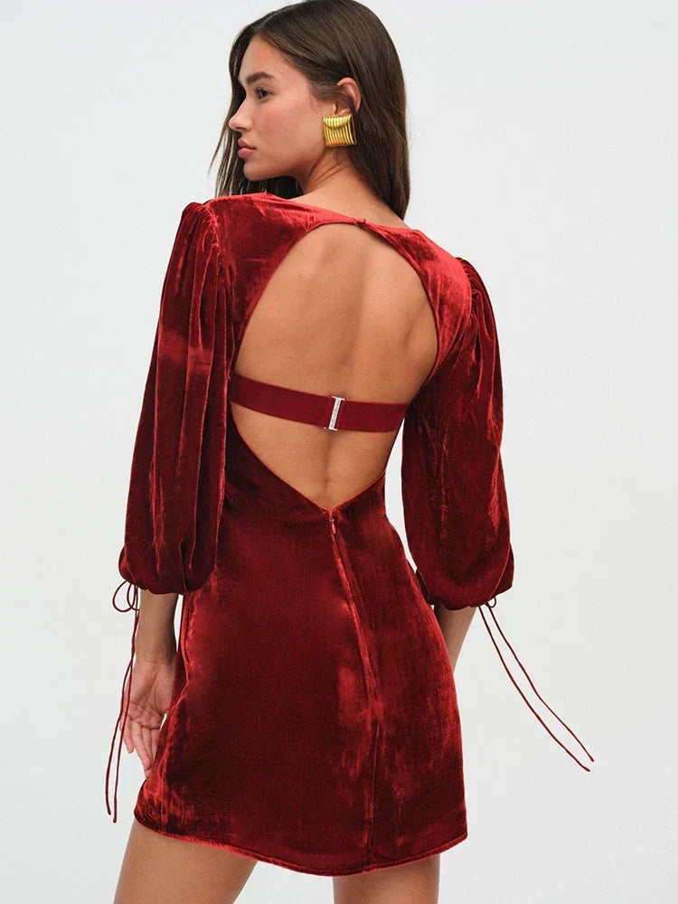 Backless Lace Up Long Sleeve Dress